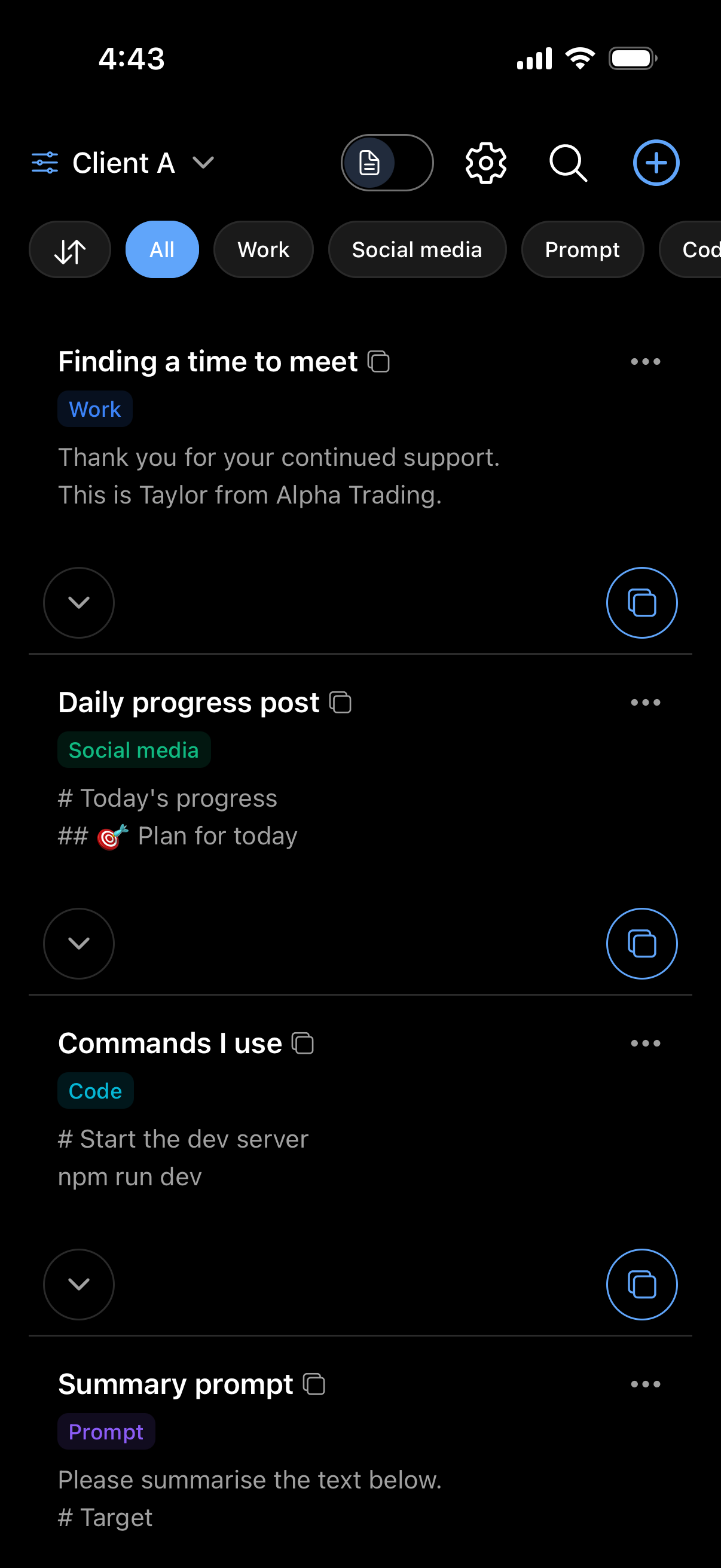 The ClipTap home screen listing saved templates
