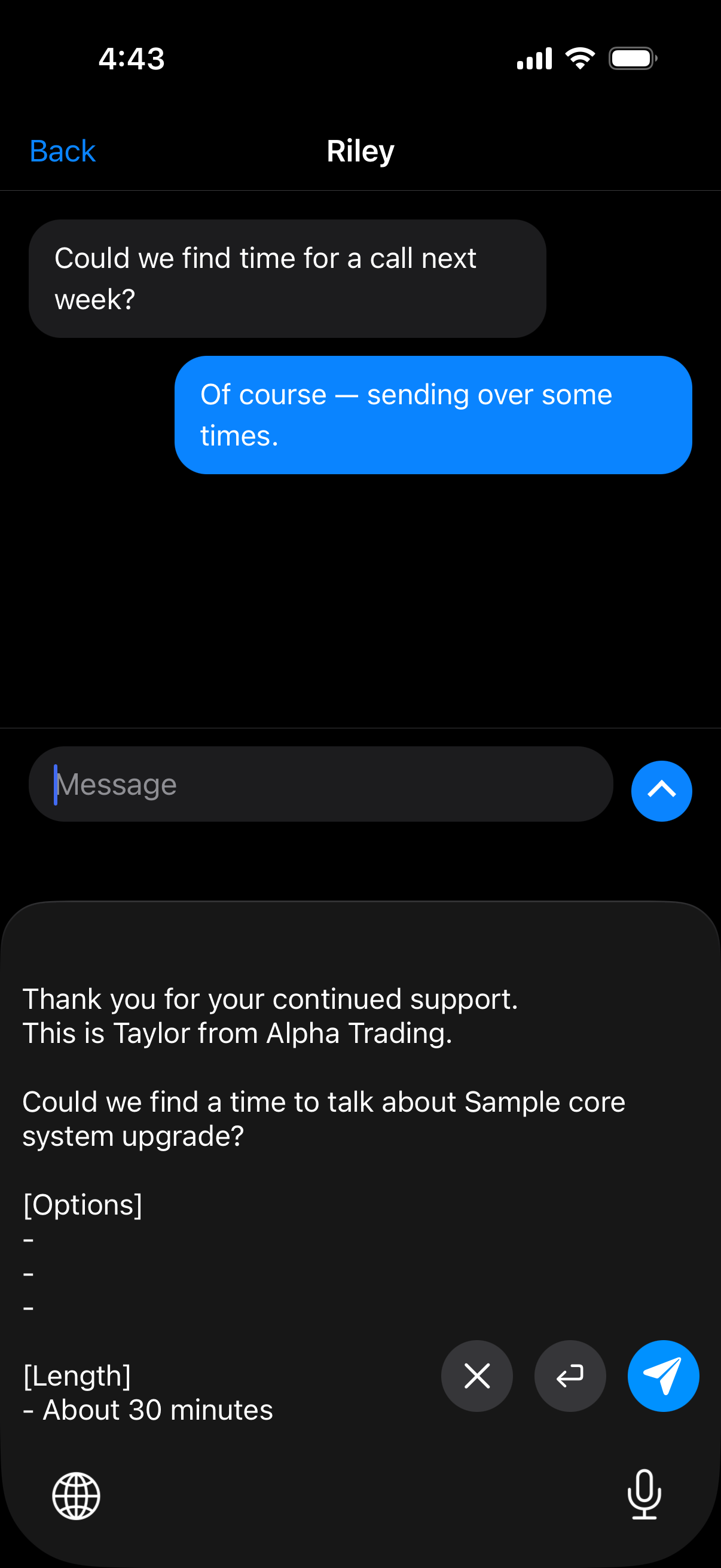 A saved ClipTap template about to be inserted into a message input field