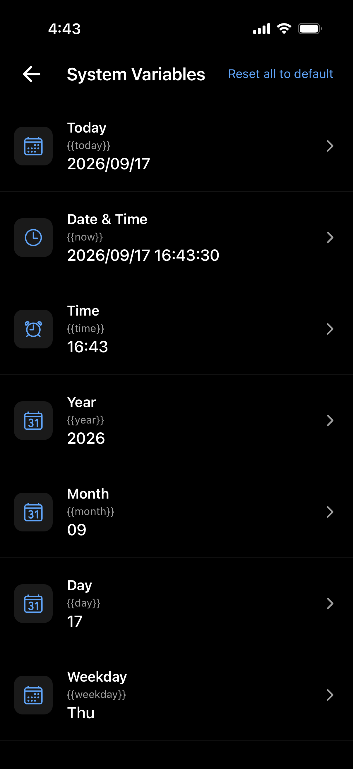 The system variables list screen