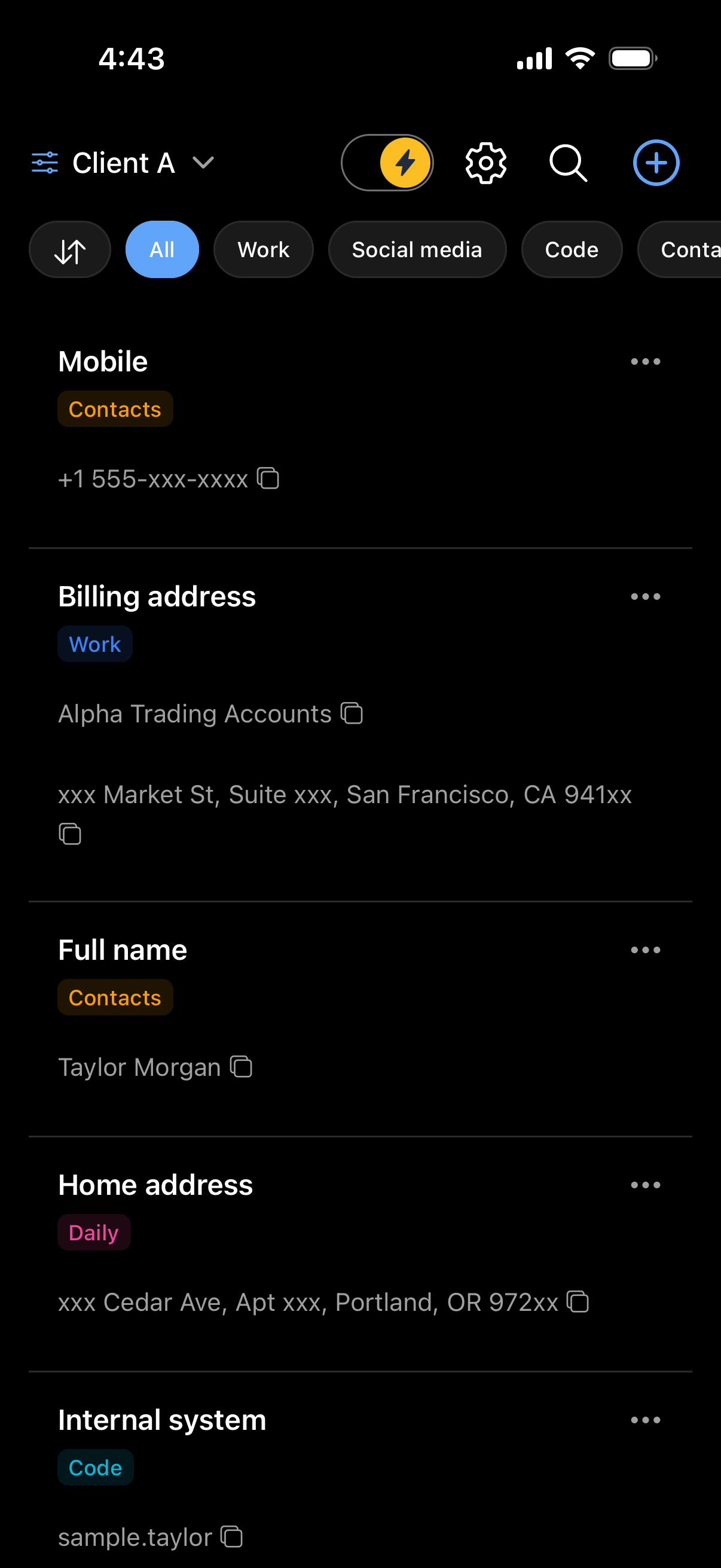 The shortcuts list, showing a mobile number, a billing address, a name and a home address